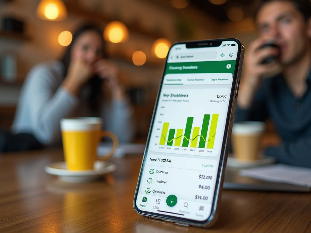 Смартфон с открытым финансовым приложением на экране, на заднем фоне размытые мужчина и женщина в кафе.