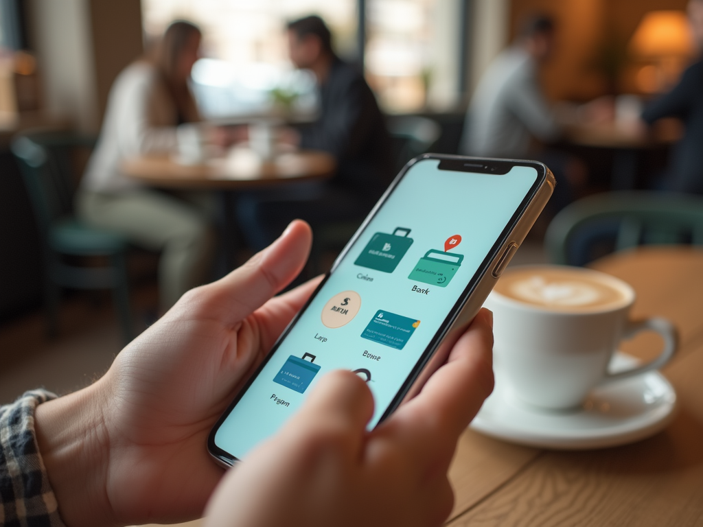 Рука держит смартфон с приложением для управления финансами в кафе, на фоне размытые люди и чашка кофе.