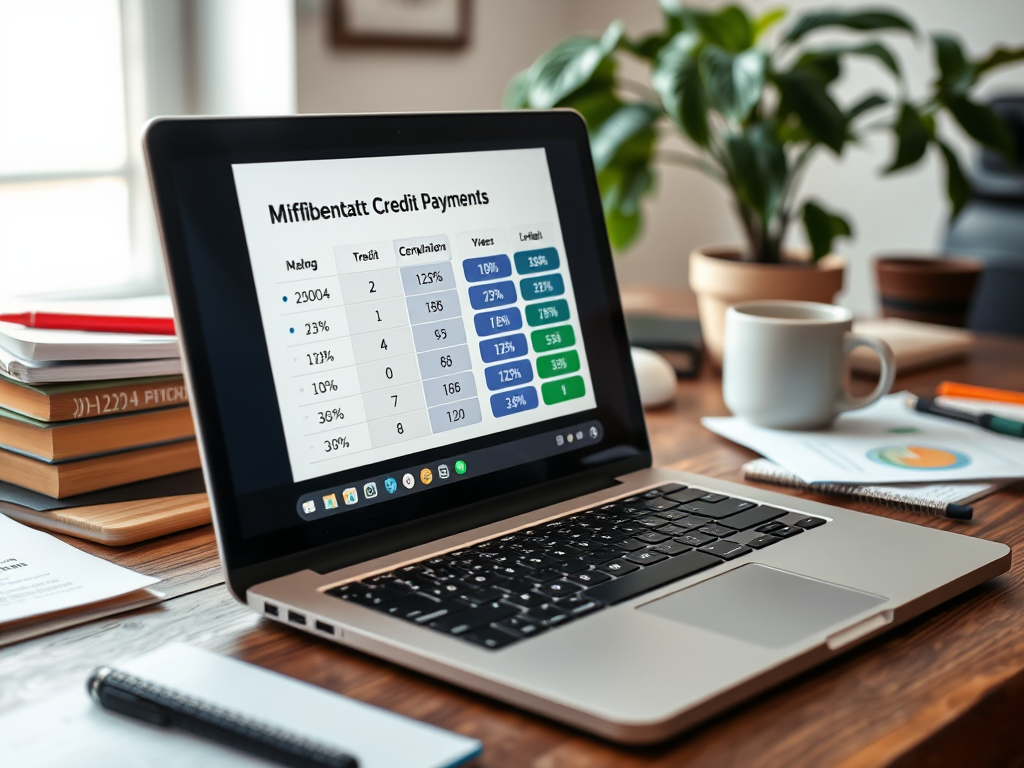 На экране ноутбука таблица кредитных платежей с различными процентами и данными. Стильный офисный фон.