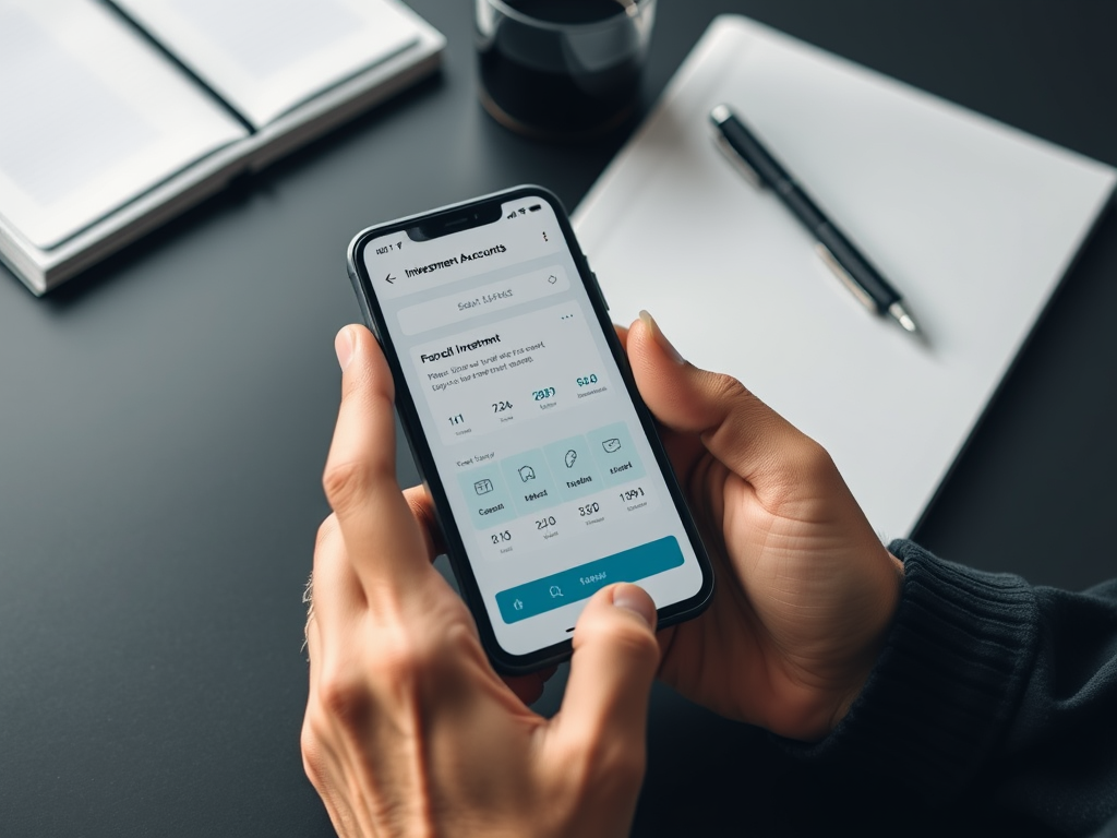 Человек держит смартфон с инвестиционным приложением, на фоне блокнота и чашки с кофе.